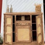 Antique sideboard renovated in solid raw oak and canework