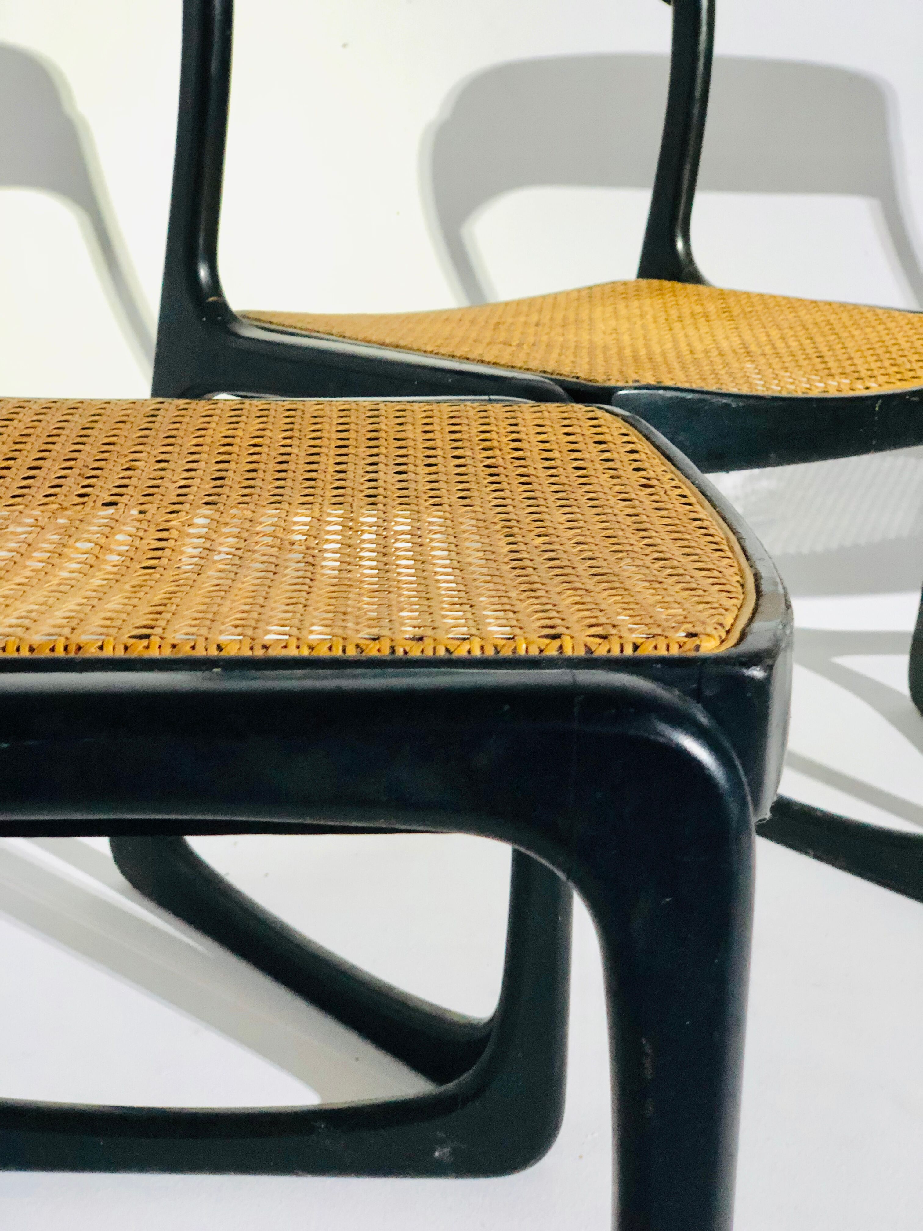 Suite of 3 vintage chairs Baumann cannage wood painted black