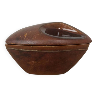 Pot à tabac céramique et cuir marron vintage