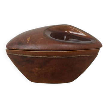 Pot à tabac céramique et cuir marron vintage