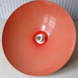 Italian pendant lamp rises & falls in red & orange lacquered metal, circa 1970