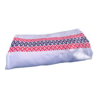 Rectangular tablecloth, Basque linen, original, pink and indigo blue frieze pattern on white cotton