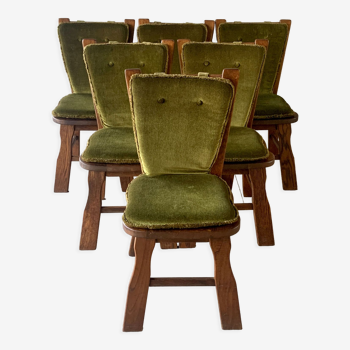 Set 6 chaises en bois massif avec coussin, 60s