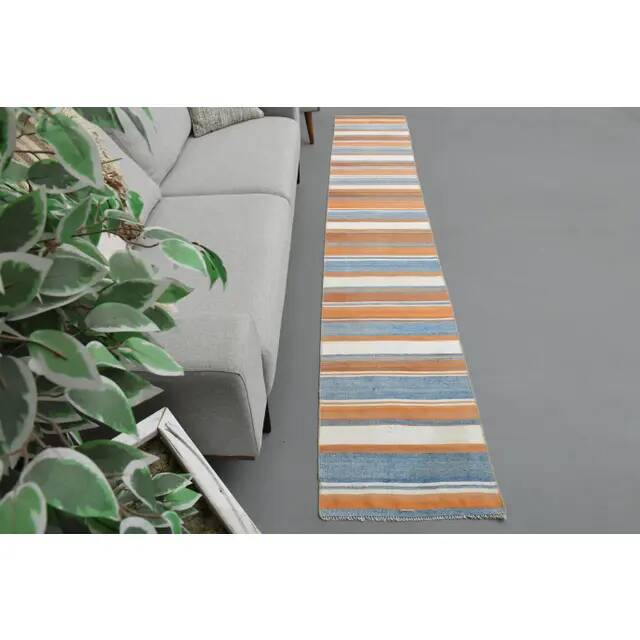 Vintage Turkish Hand-Knotted Wool Cotton Orange Runner Rug 55x319