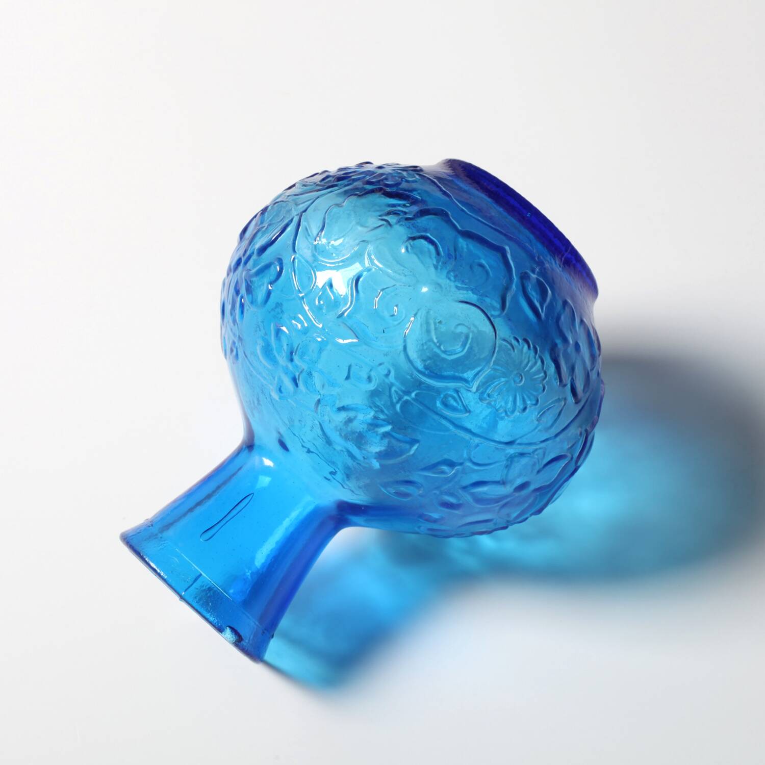 Vintage Small Blue Pressed Glass Vase with Flowers Pattern / Italy / 1960