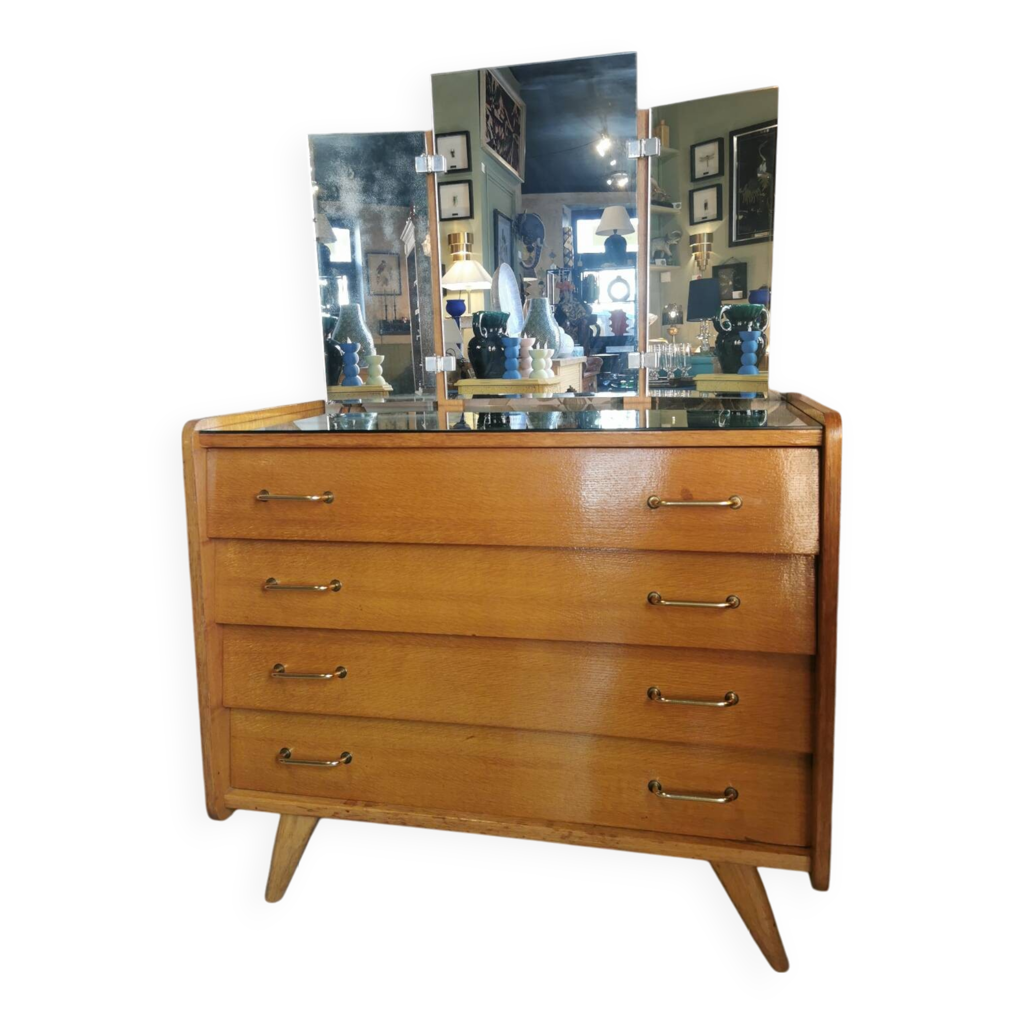 Vintage chest of drawers with compass legs and triptych mirror