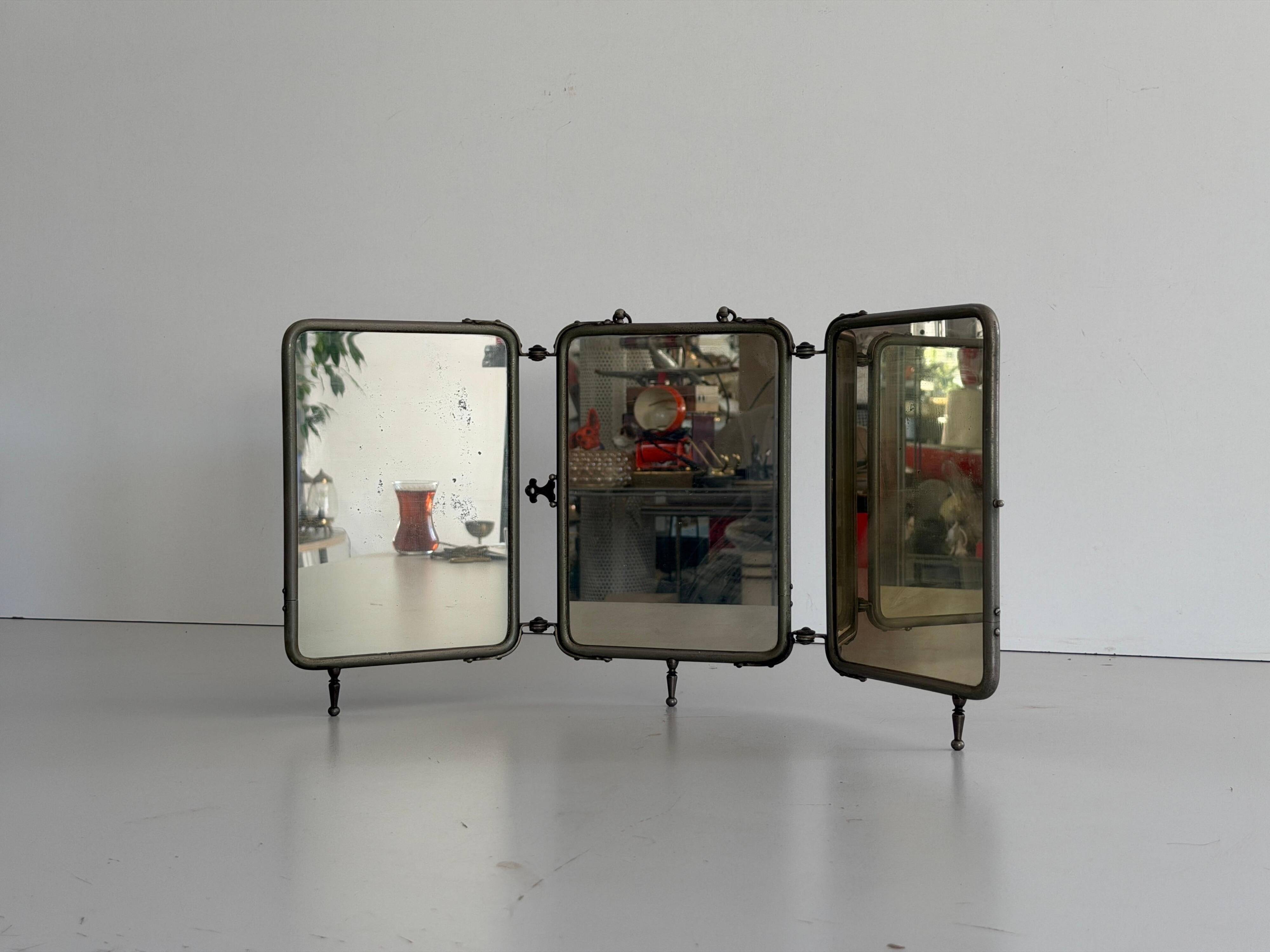 Art Deco 3 Nickel-plated glass covers Table or wall mirror, 1940s, Italy