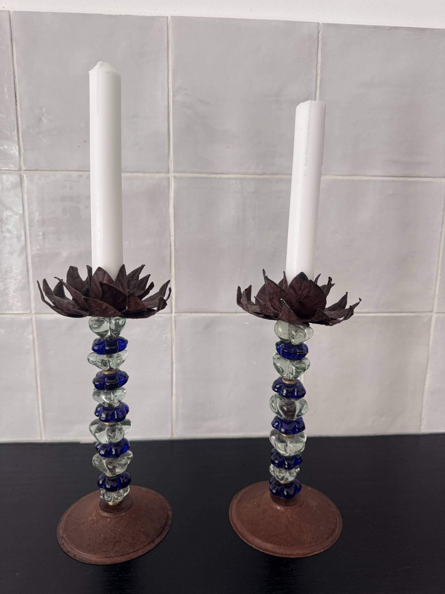 Pair of mid-century candlesticks in brass and glass beads, base in