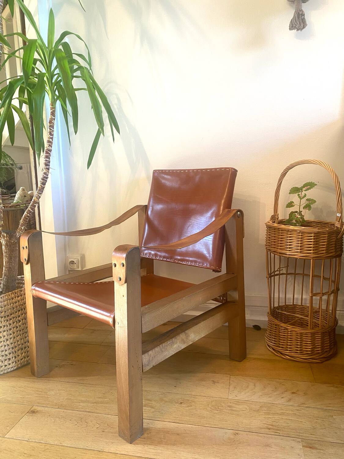 Safari armchair in wood and leather - 1950s style