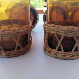 6 small glasses Amber Blown Glass garnished wicker 1 cracked