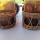 6 small glasses Amber Blown Glass garnished wicker 1 cracked