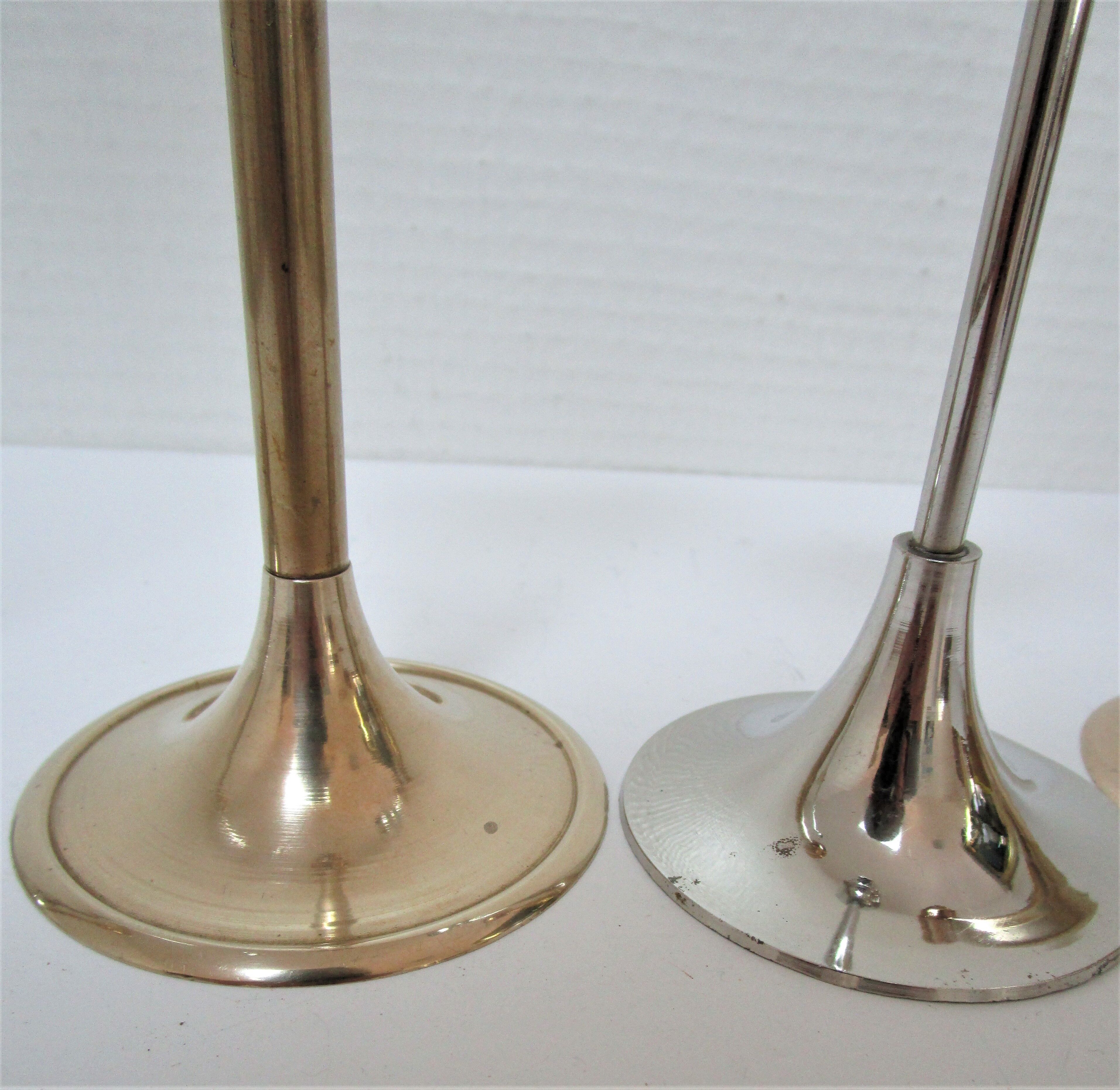Five gold brass candlesticks and chrome brass vintage scandinavian design