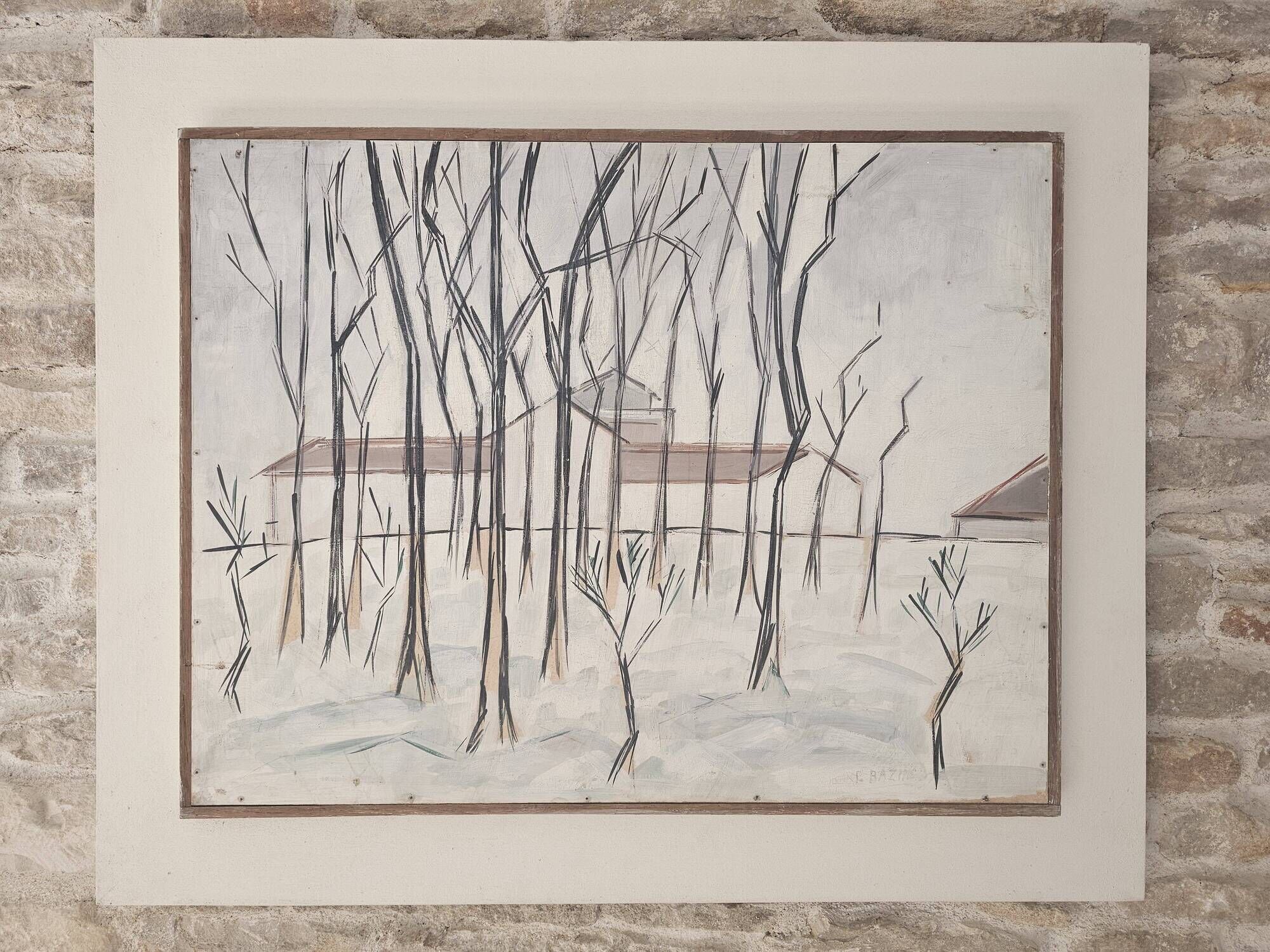 Oil painting on panel Winter landscape with snow Signed Bazin