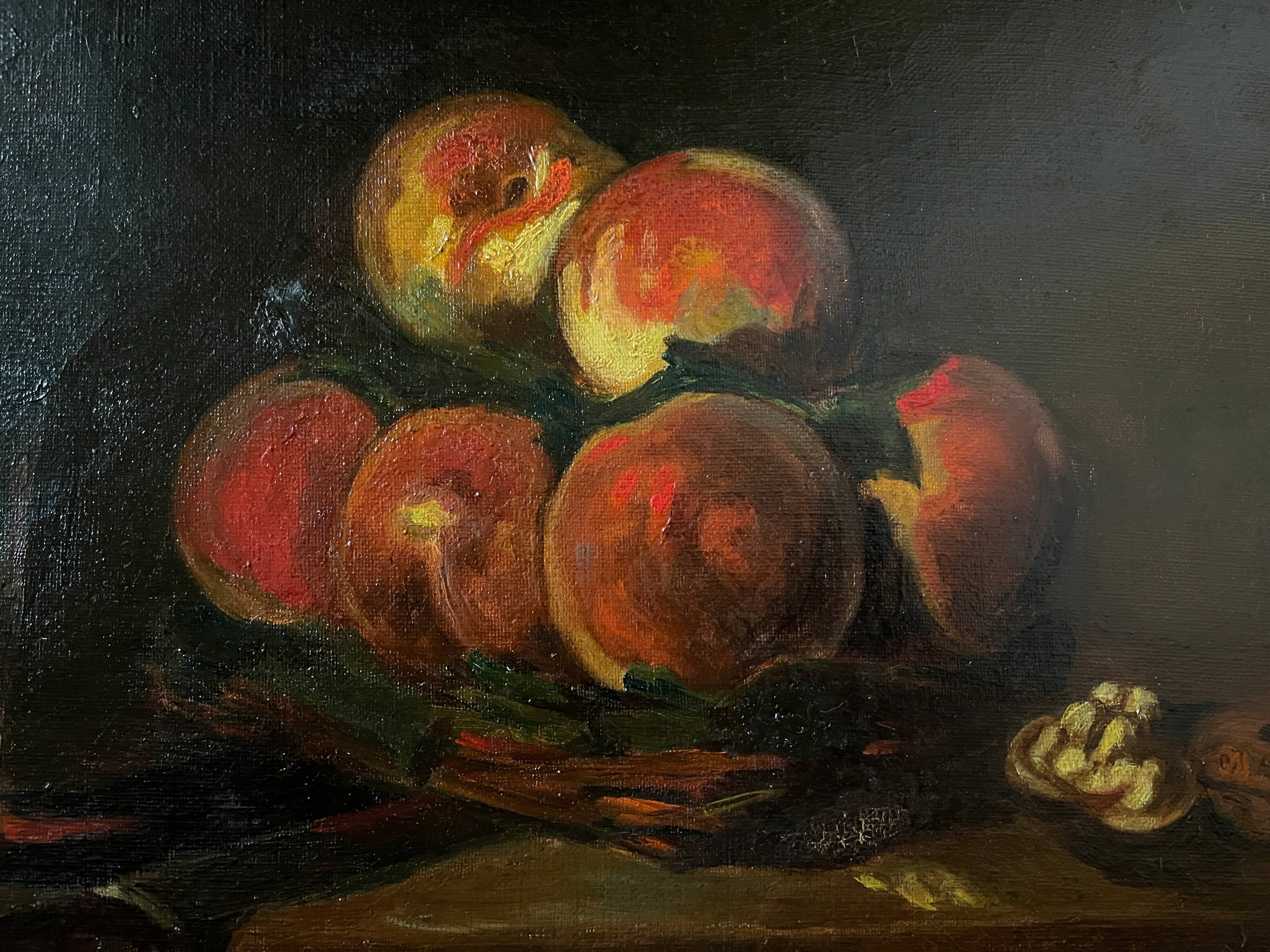 Tableau HST "Nature morte aux pêches" L. DesGuin 1907