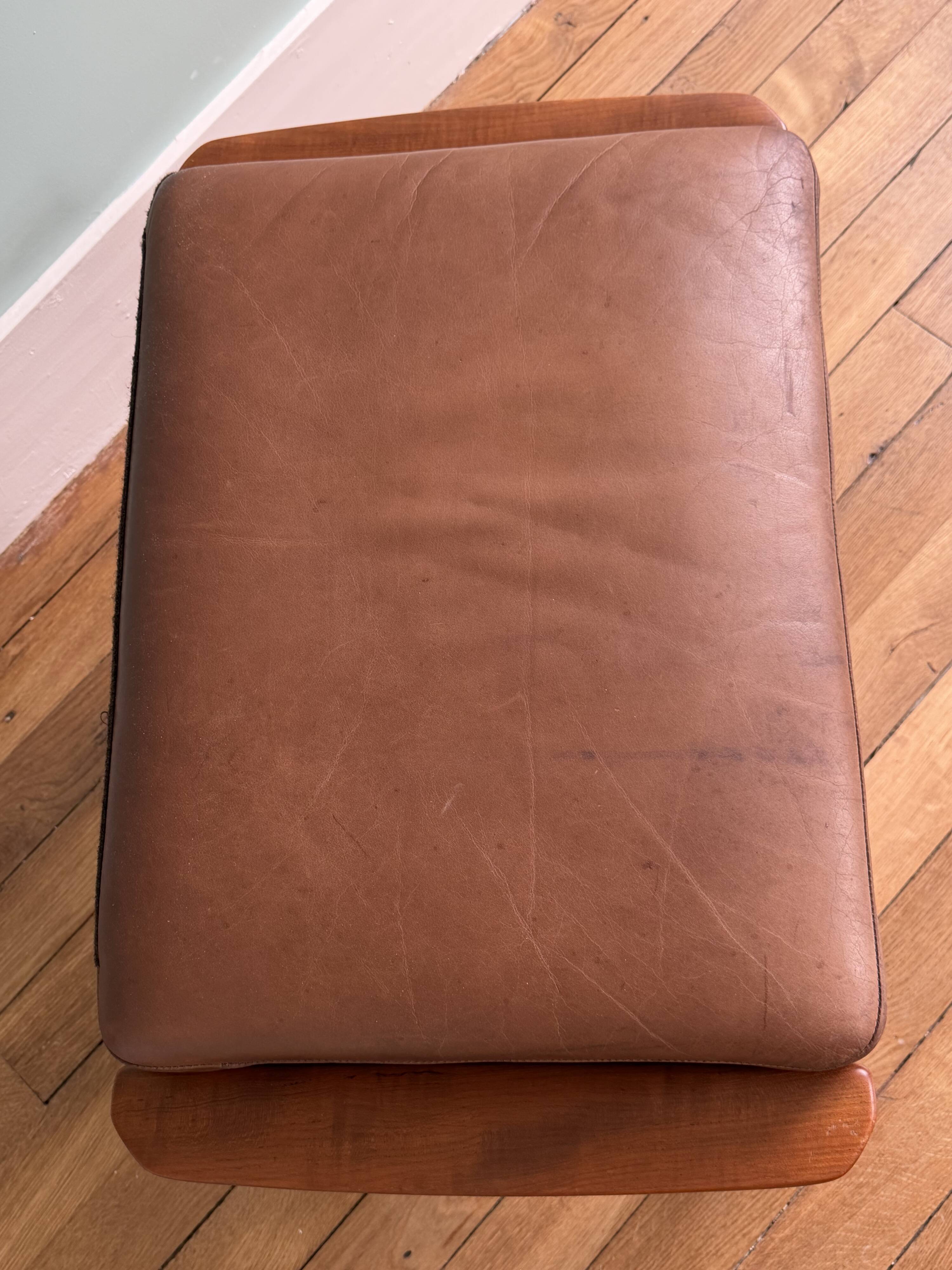 Ottoman tabouret teck et cuir scandinave vintage