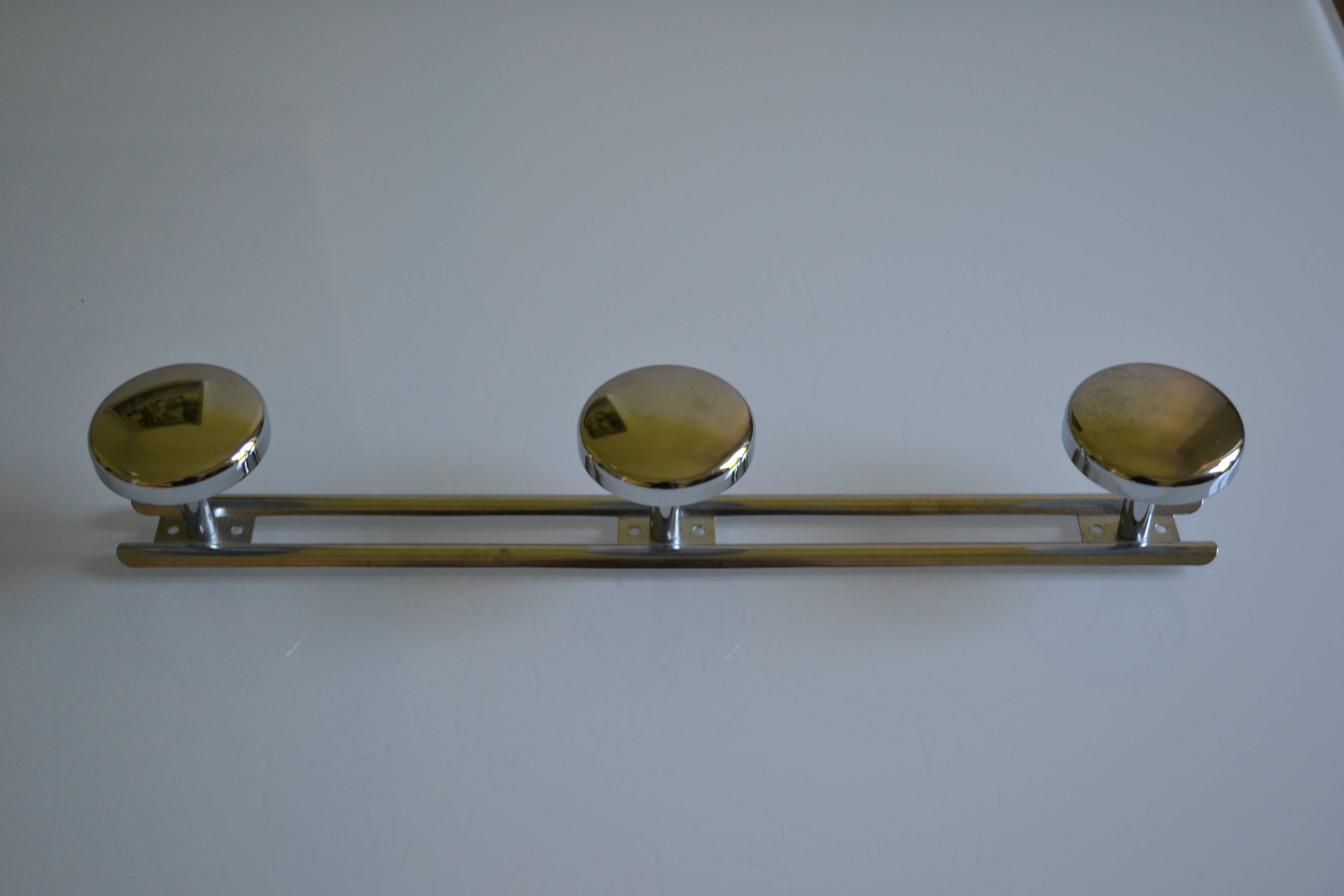 Wall coat rack with 3 chrome metal hooks, vintage 80s.