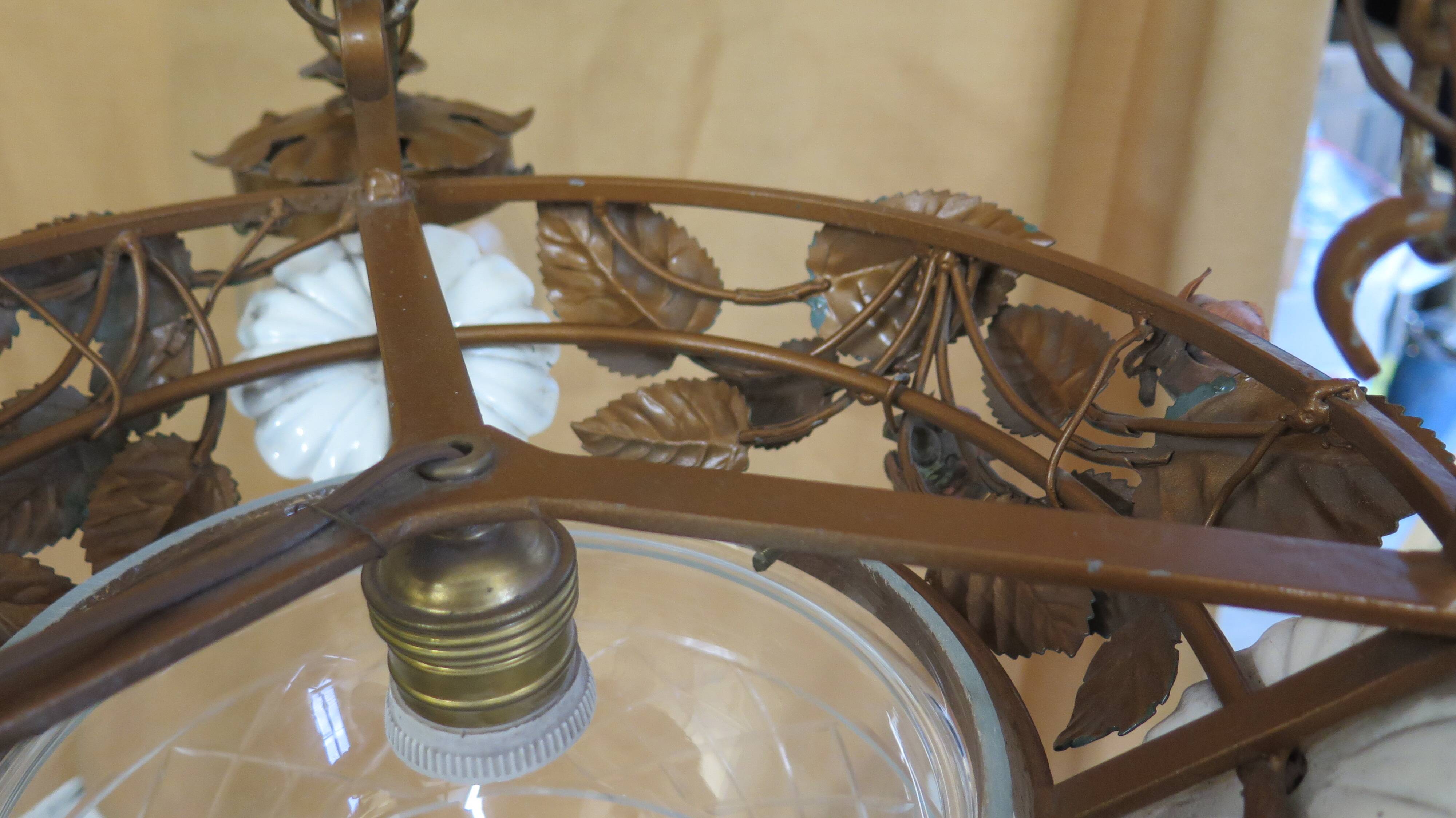 Chandelier wrought iron chandelier three bulbs with leaf flowers and glass lampshades