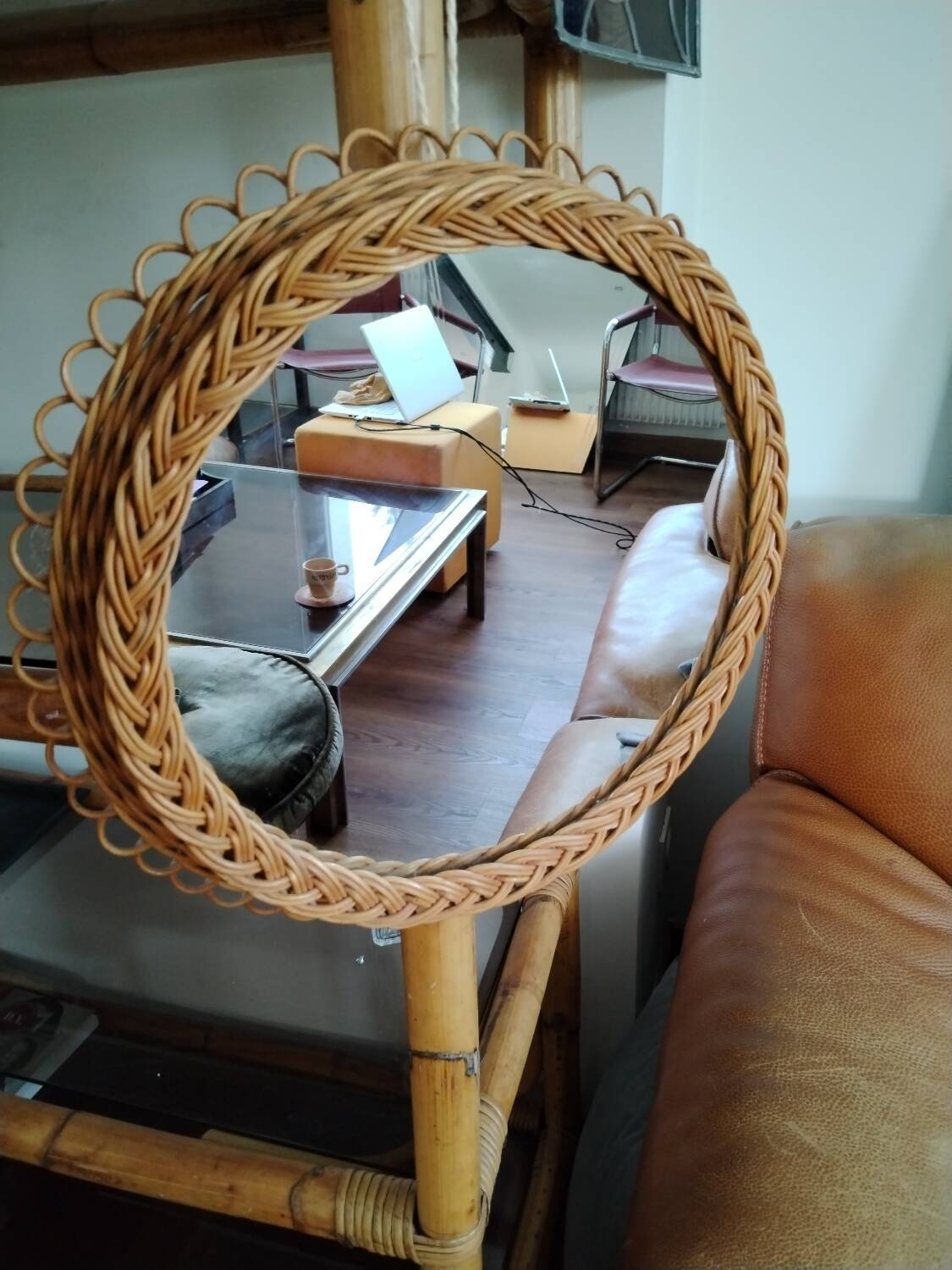 Pretty Soleil rattan mirror, 1950s