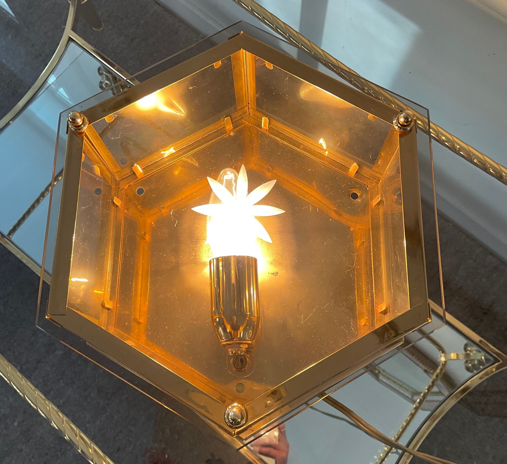 Vintage ceiling lamp in brass and smoked glass