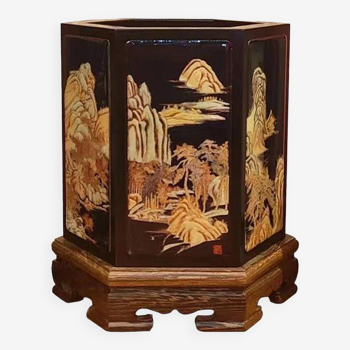 Pen Holder Jinshan Pattern Solid Wood Luodian Natural Lacquer Gold Lacquer Inlay Chinese Palace Furn