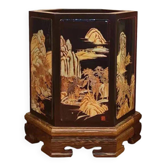 Pen Holder Jinshan Pattern Solid Wood Luodian Natural Lacquer Gold Lacquer Inlay Chinese Palace Furn