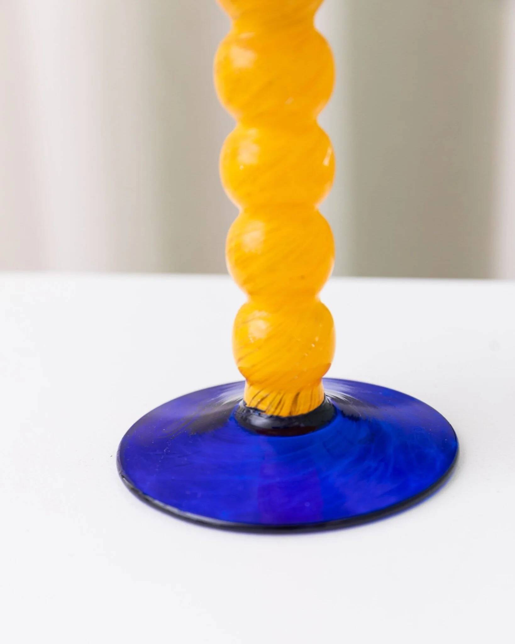 Murano Glass Candleholder - Postmodern Memphis Milano 1980s, Yellow Stem, Cobalt Base, Clear Cup