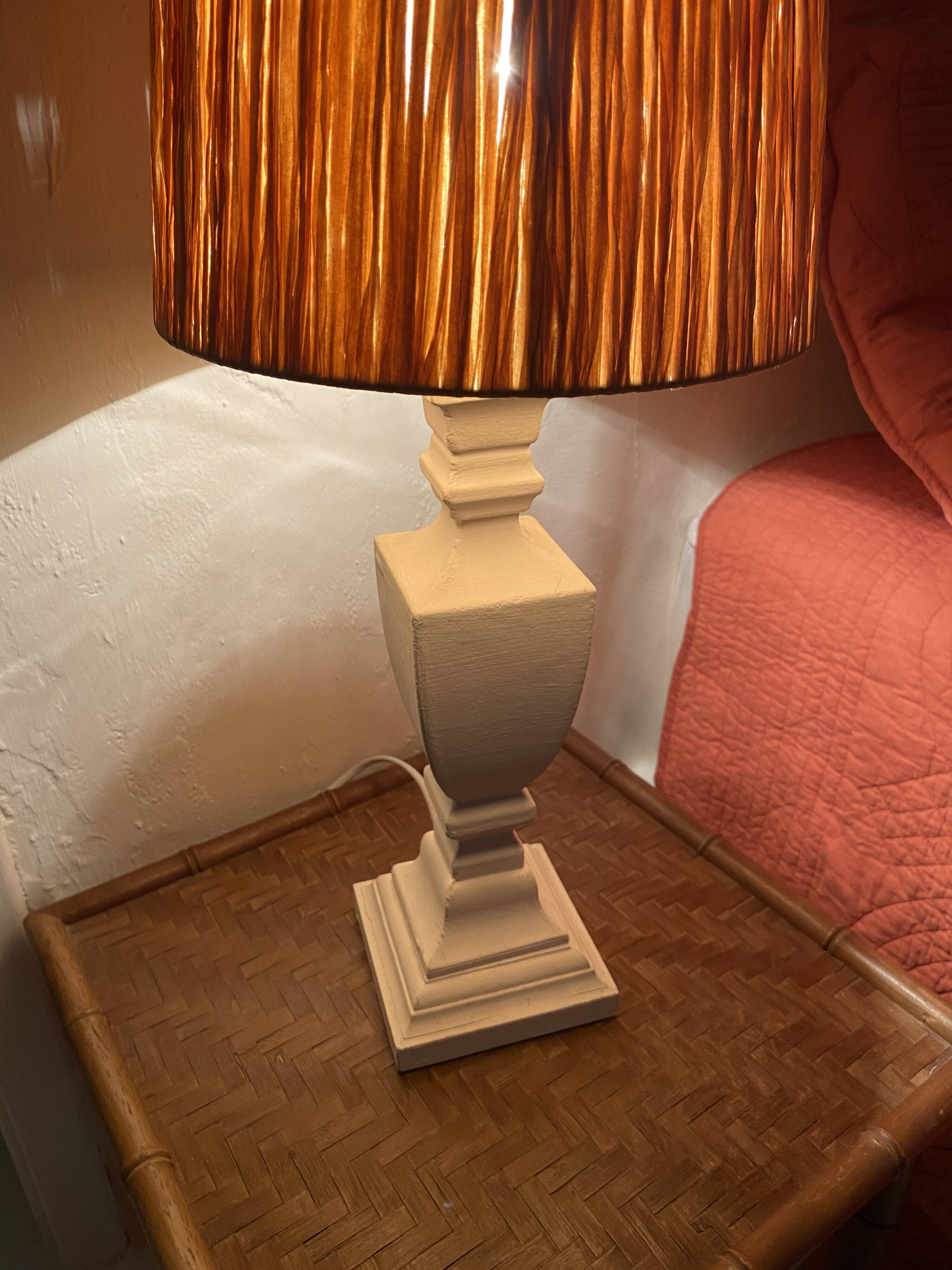 Wood and plaster lamp, new 2M cable, raffia lampshade