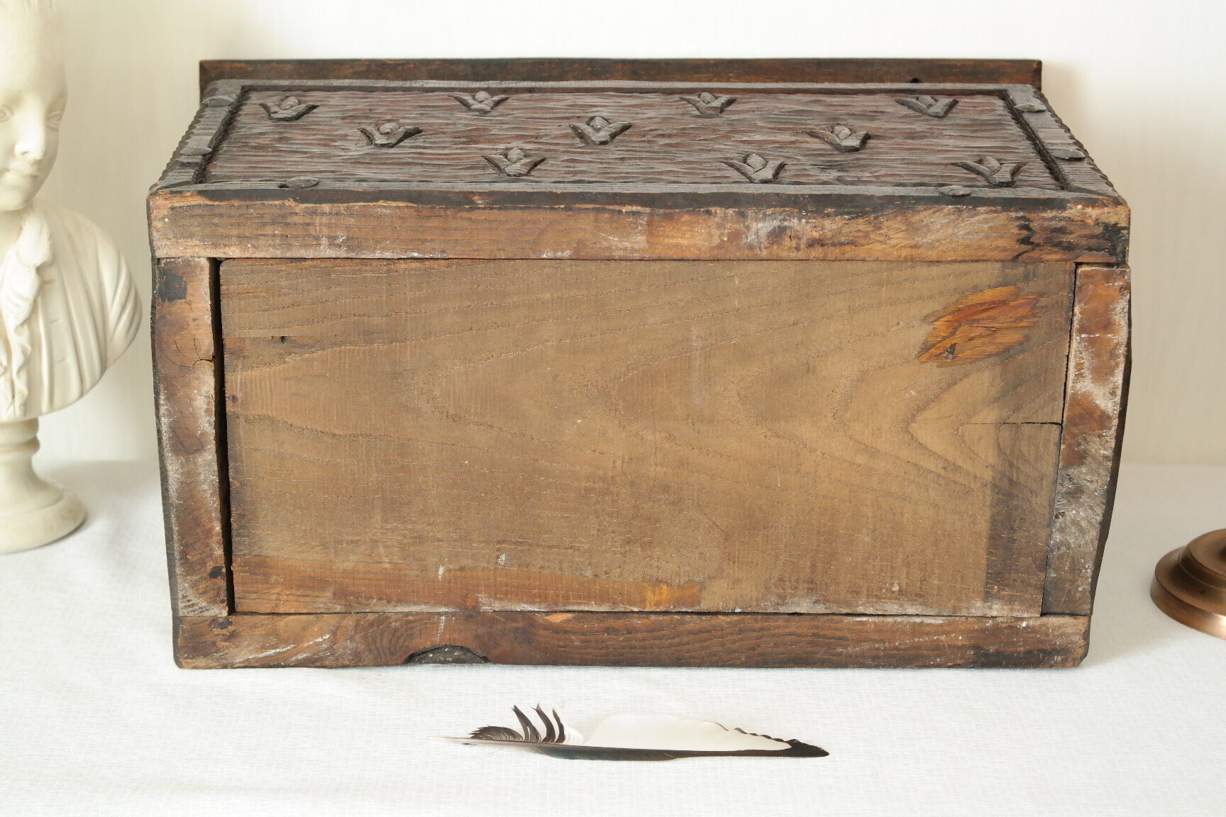 Carved wooden chest bas-reliefs artisanal XXth