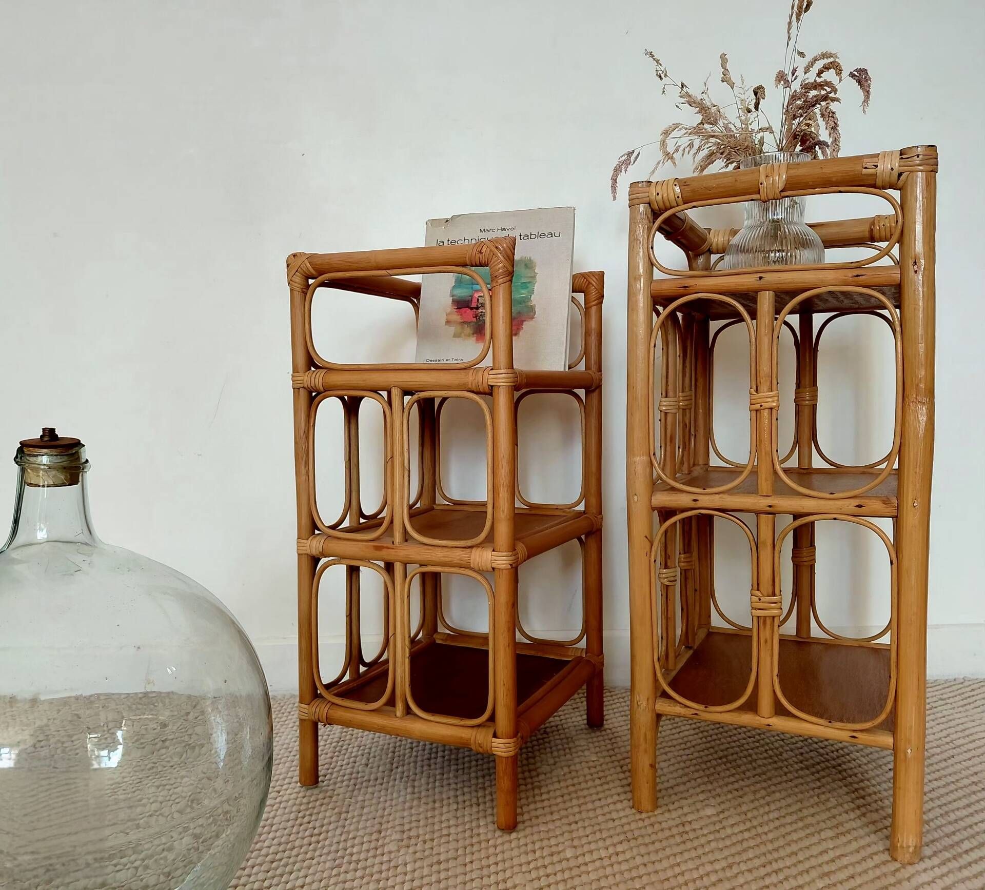 Pair of bedside tables/vintage bamboo and rattan accent furniture - 1970s