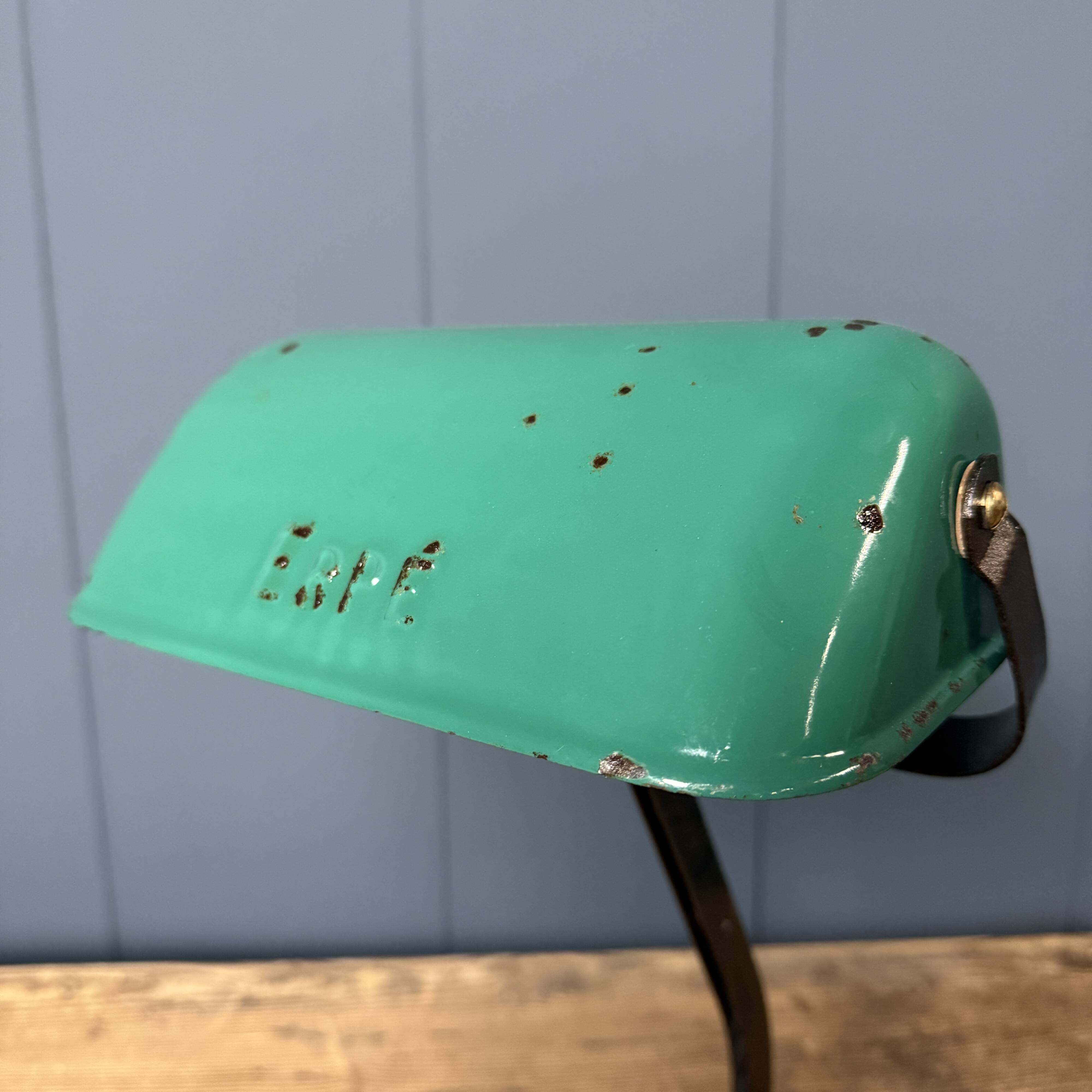 Erpé banker’s lamp with a turquoise enamel shade.