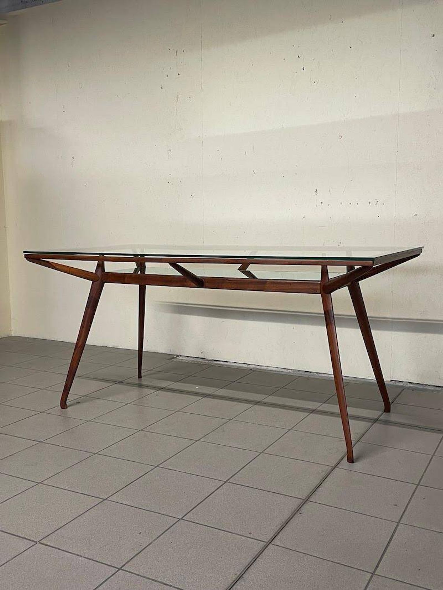 1950s Italian Wooden Table with Double Glass Top