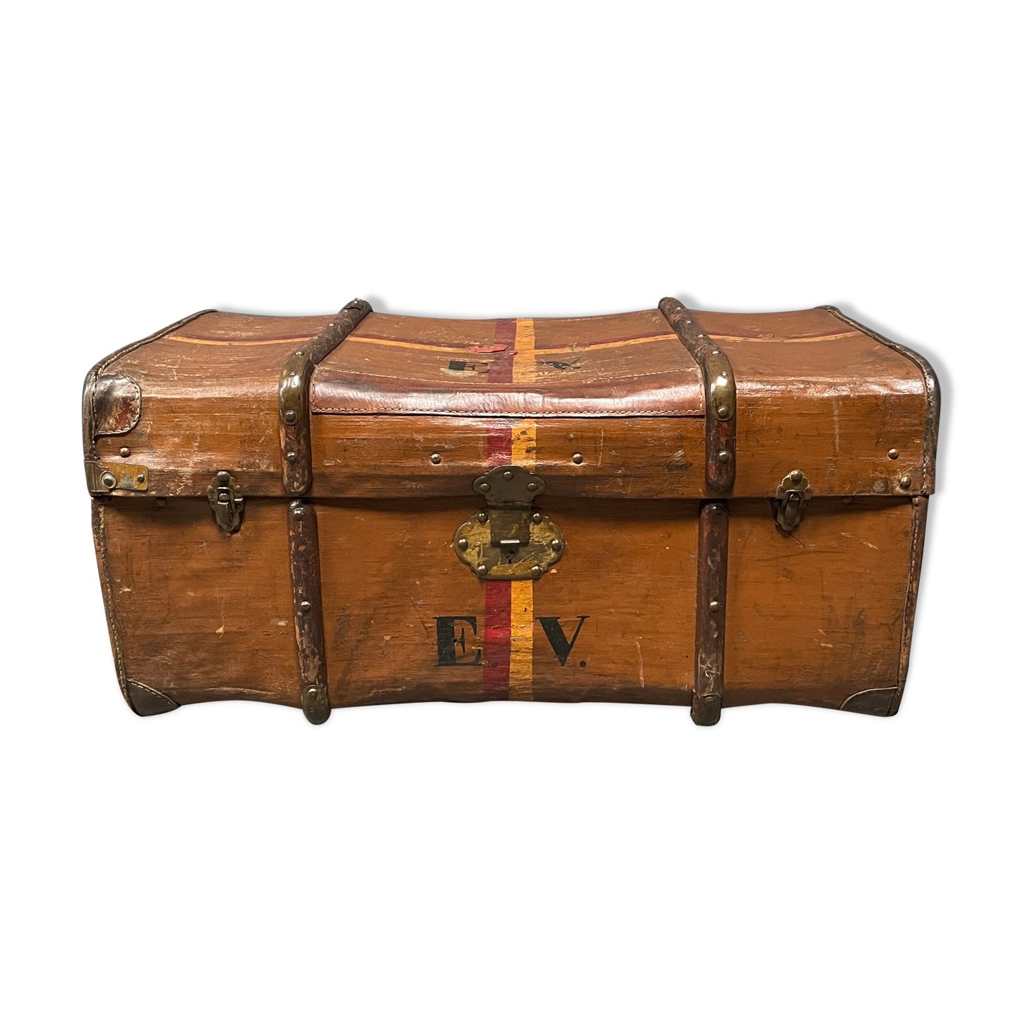 Antique brown travel case with wooden slides from the early 1900s