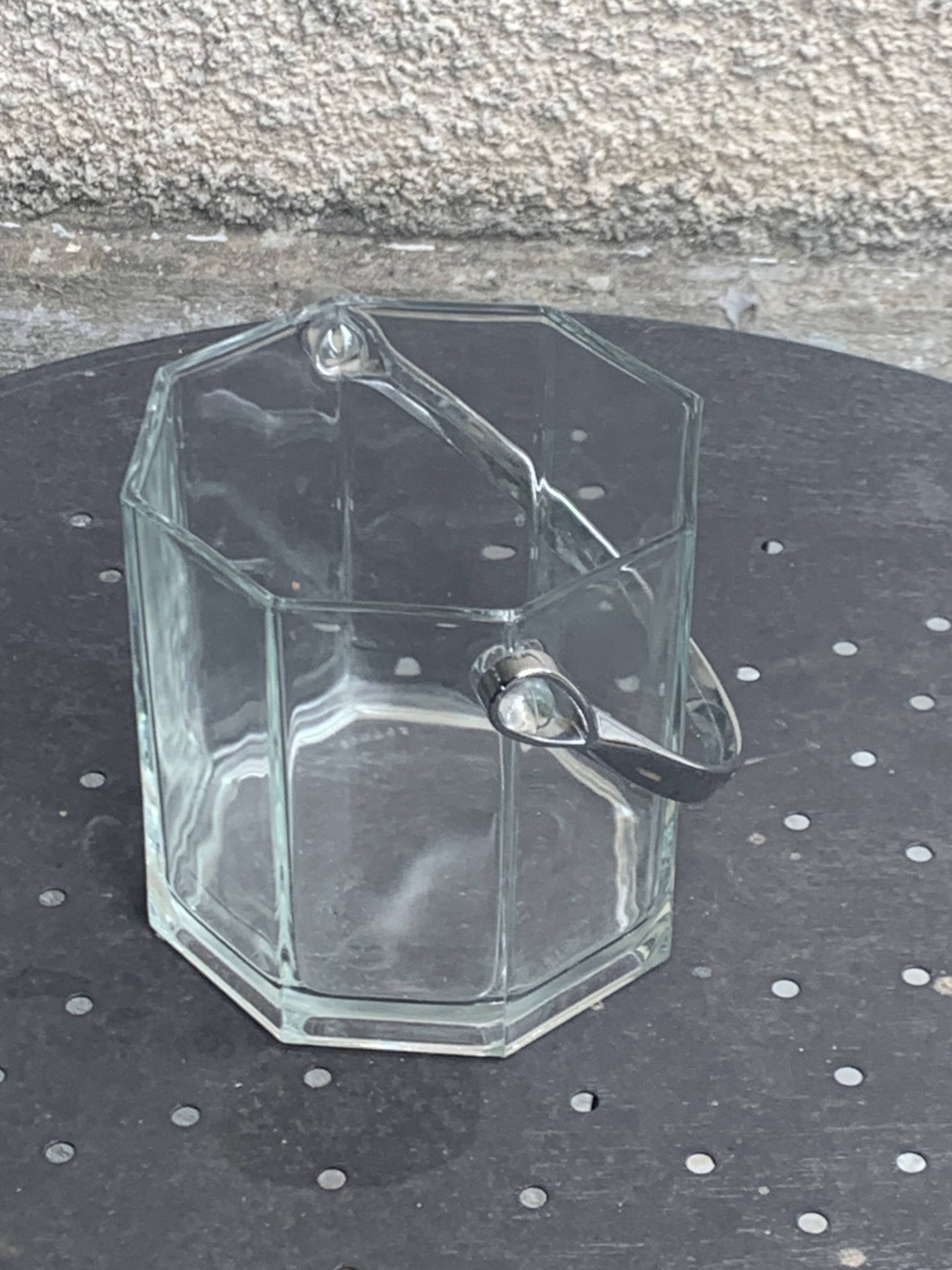 Ice bucket made in France in transparent faceted glass, stainless steel handle