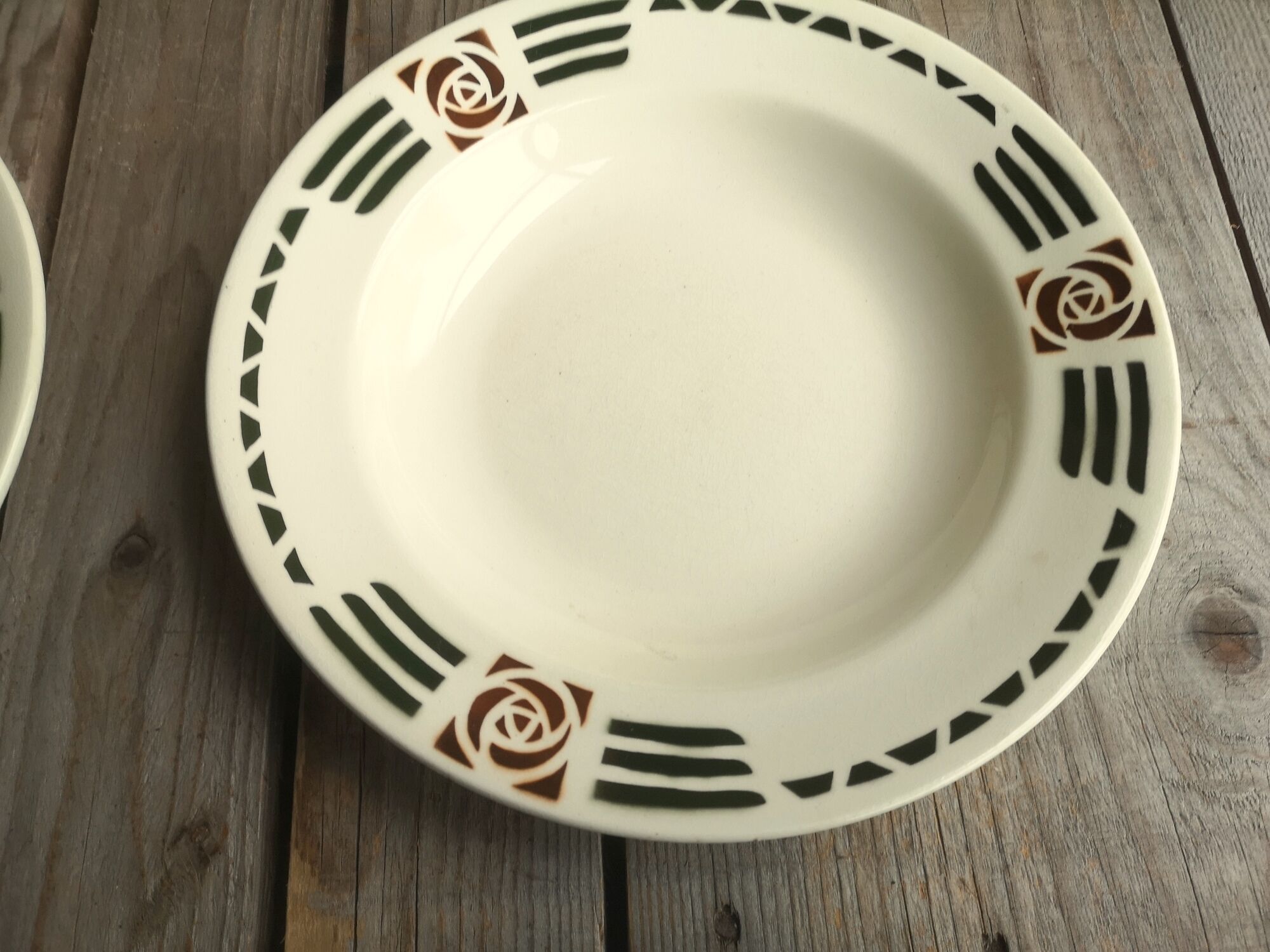 4 Soup Plates Faience from Salins Decor Green and Orange