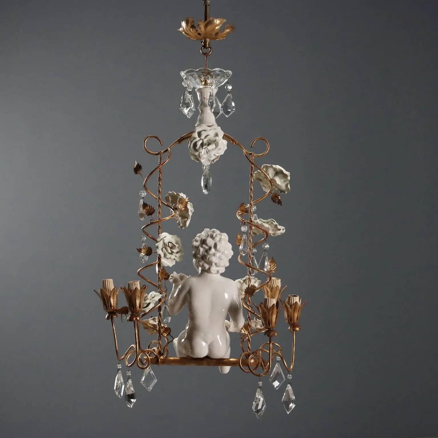 Antique chandelier in iron, gilded sheet metal and ceramic, Italy, 20th century