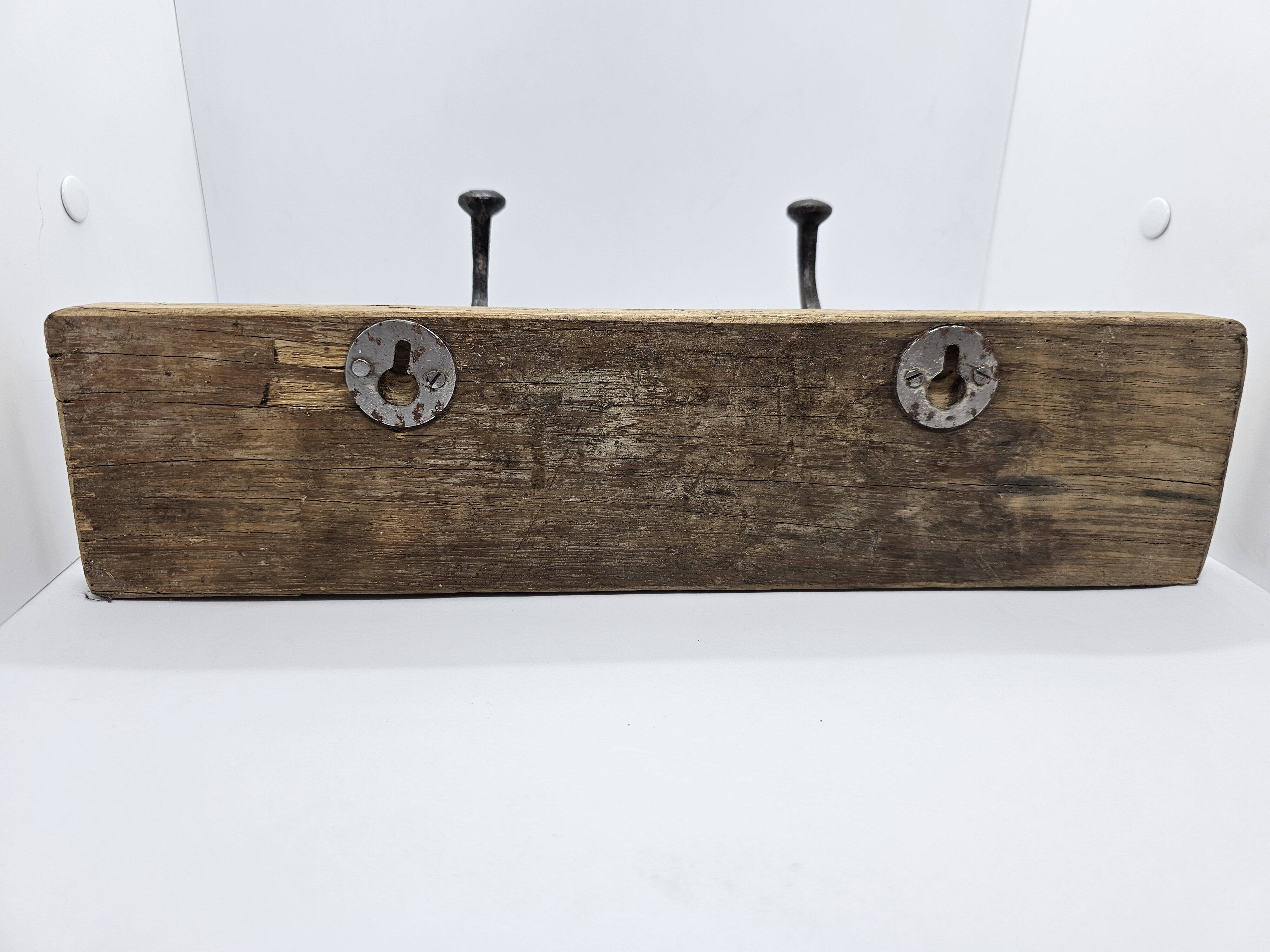 Solid teak coat hook with 2 double cast iron hooks