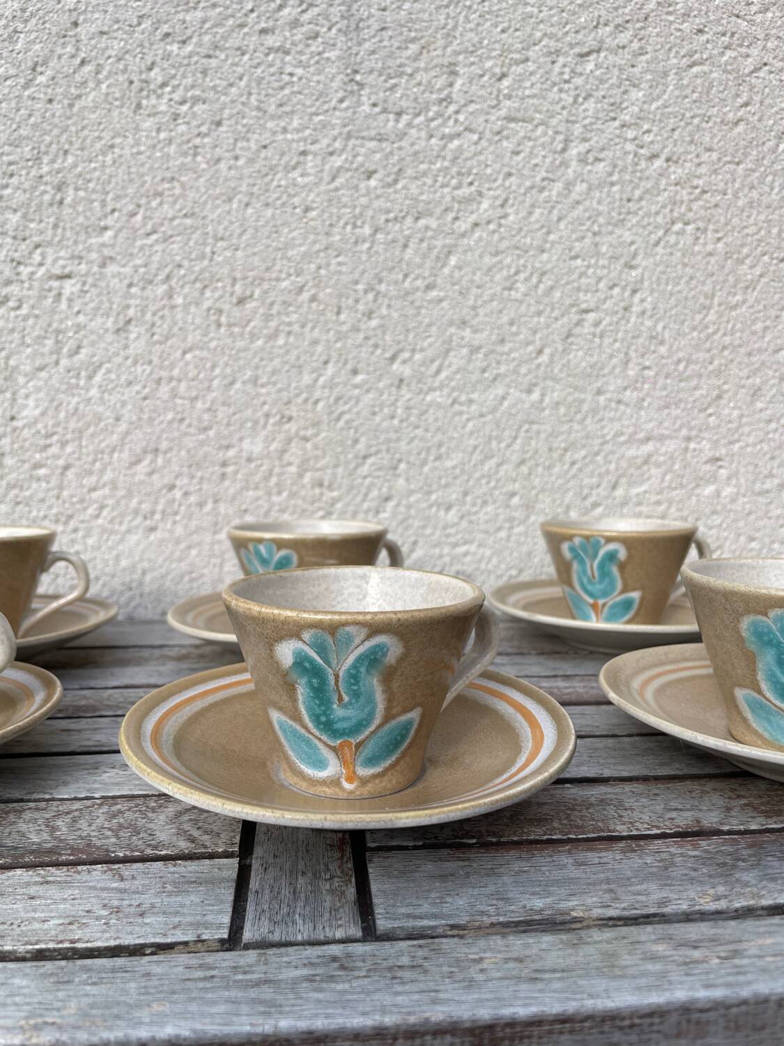 Stoneware coffee service from Pornic with turquoise flower print, 1970s-80s
