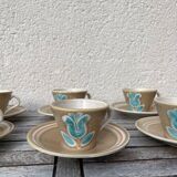 Stoneware coffee service from Pornic with turquoise flower print, 1970s-80s