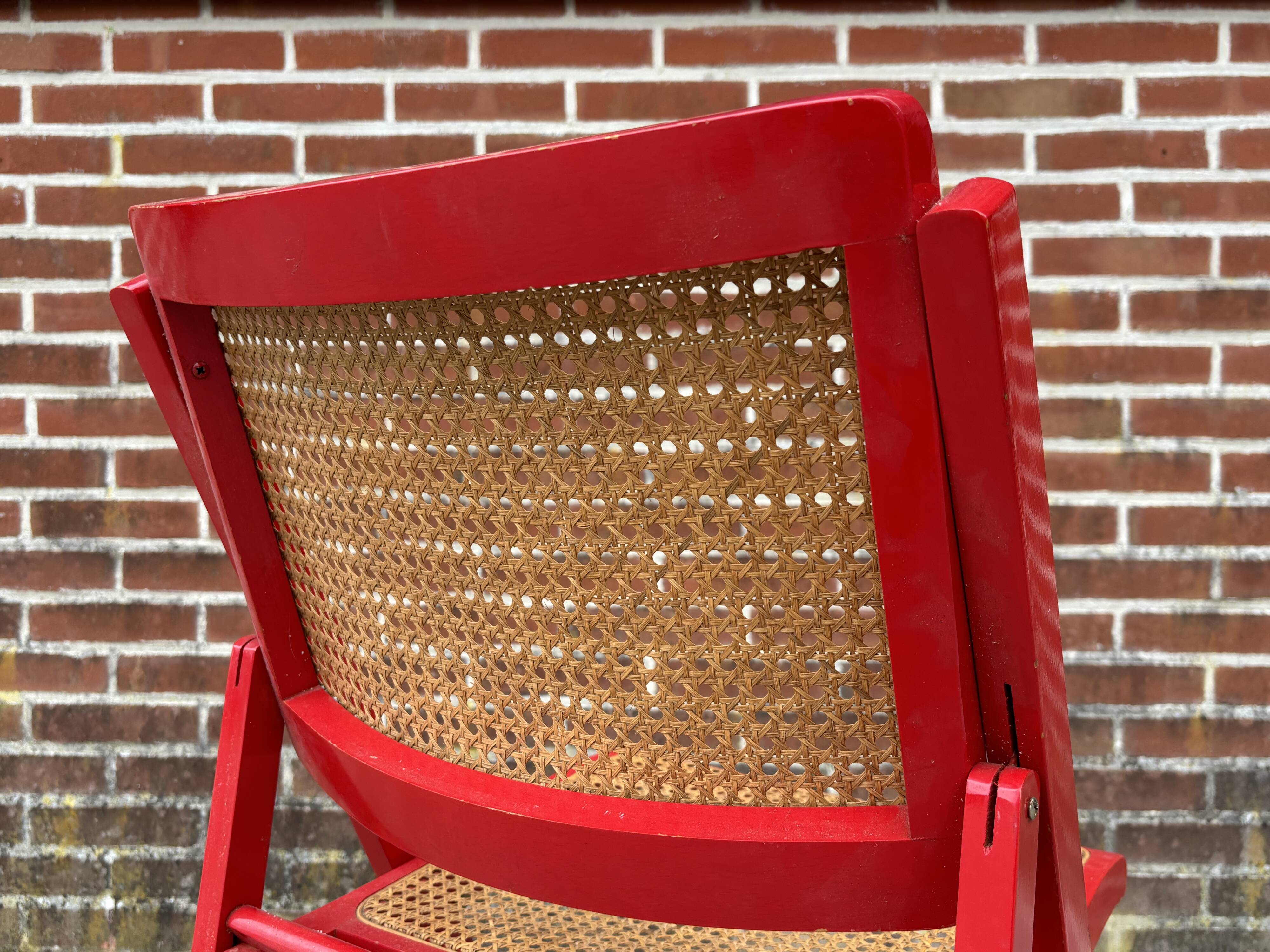 Vintage  Mid-Century Woven Cane Folding Chair  1960s in red cesca style