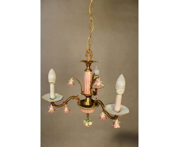 Italian Chandelier In Bronze And Flowers Porcelain With His 2 Appliques Selency Italian Chandelier In Bronze And, Gold Chandelier With Pink Flowers Inside
