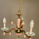 Italian chandelier in bronze and flowers in porcelain with his 2 appliques
