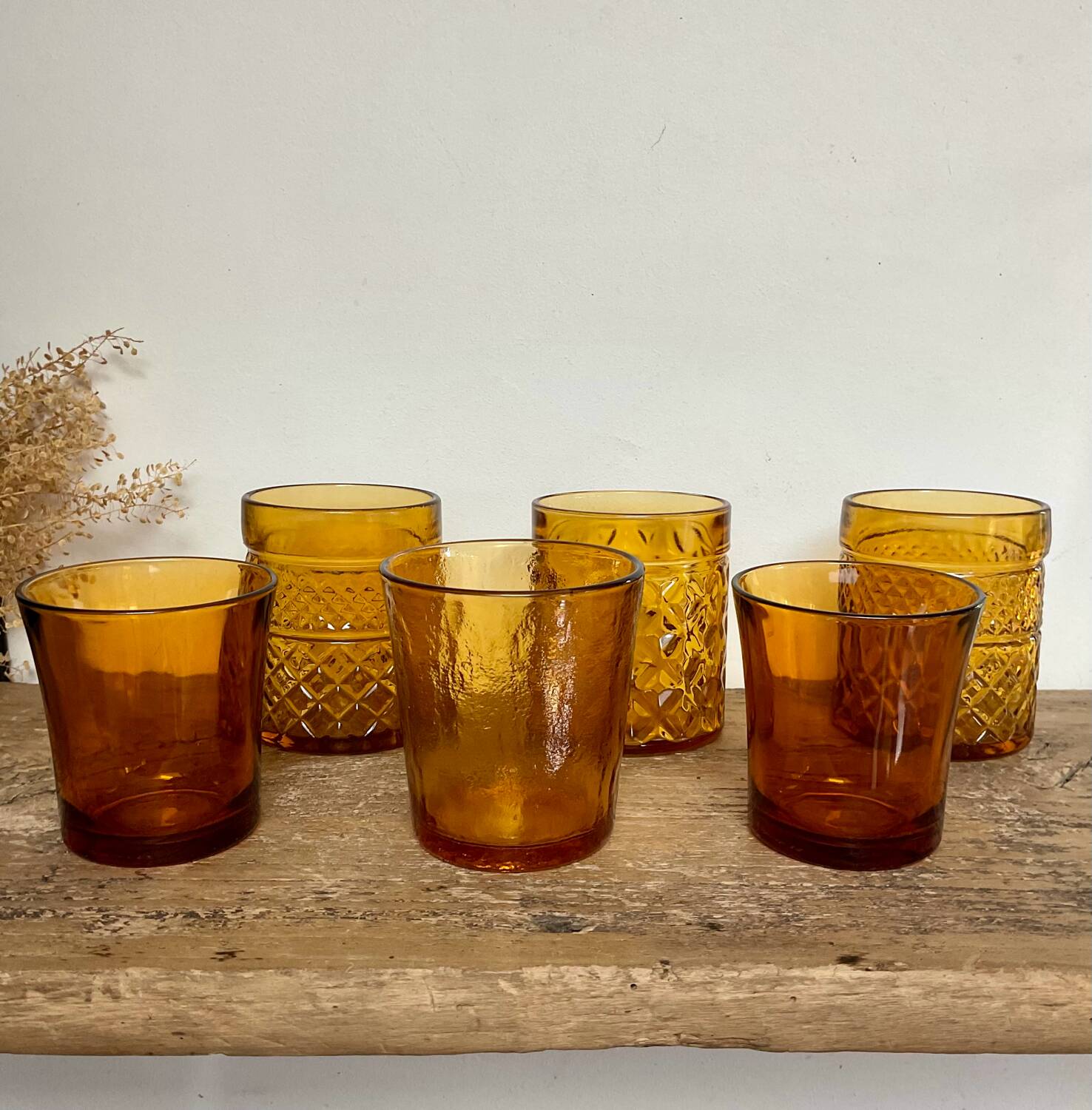 6 mismatched vintage amber glasses