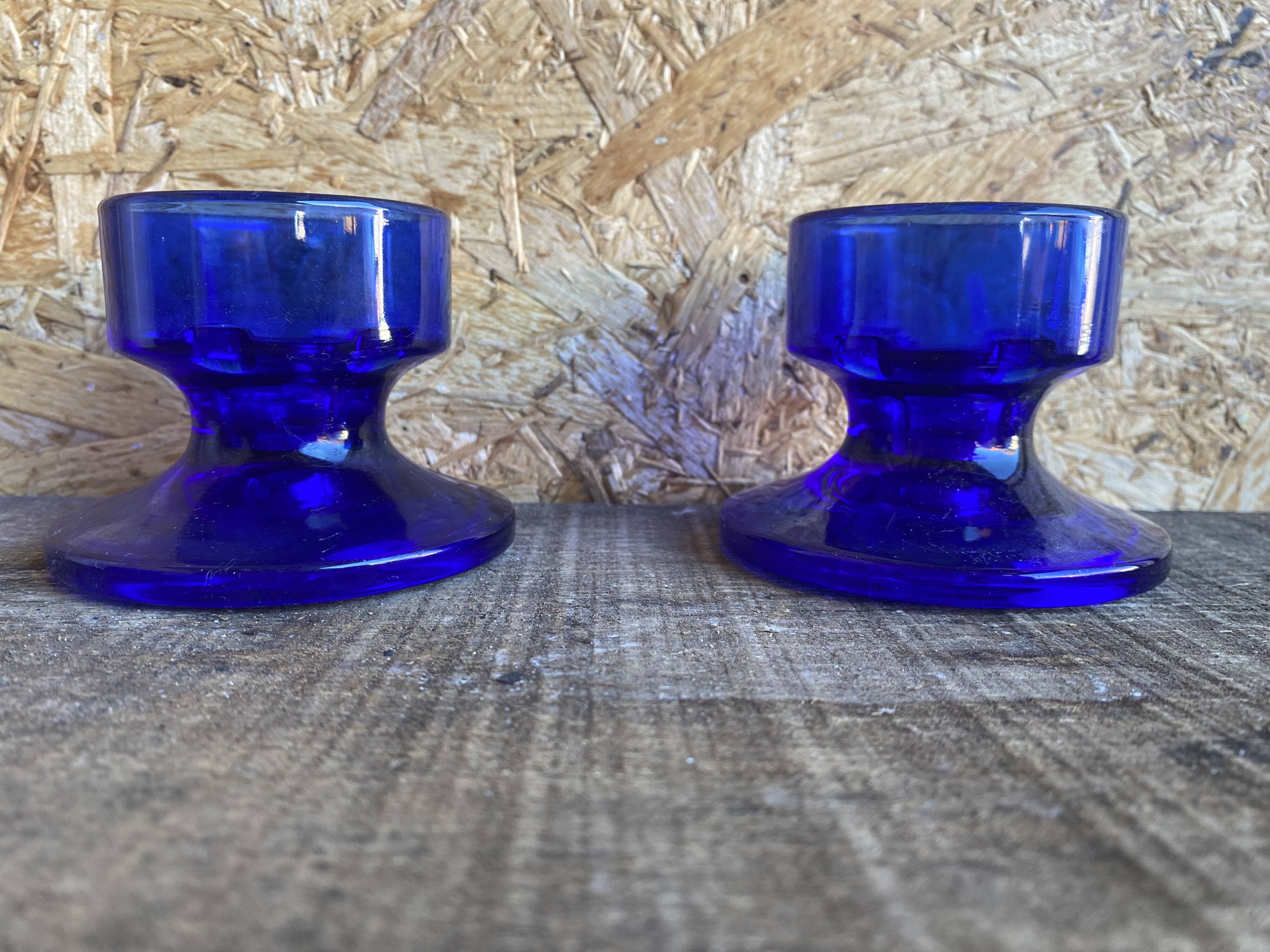 Pair of Vintage Cobalt Blue Moulded Glass Candle Holders #D991