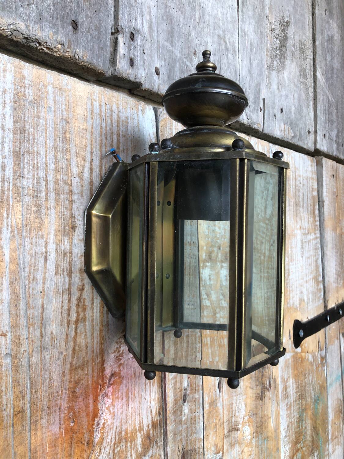 Old Golden Metal Lantern Wall Lamp + 5 Vintage Beveled Glasses
