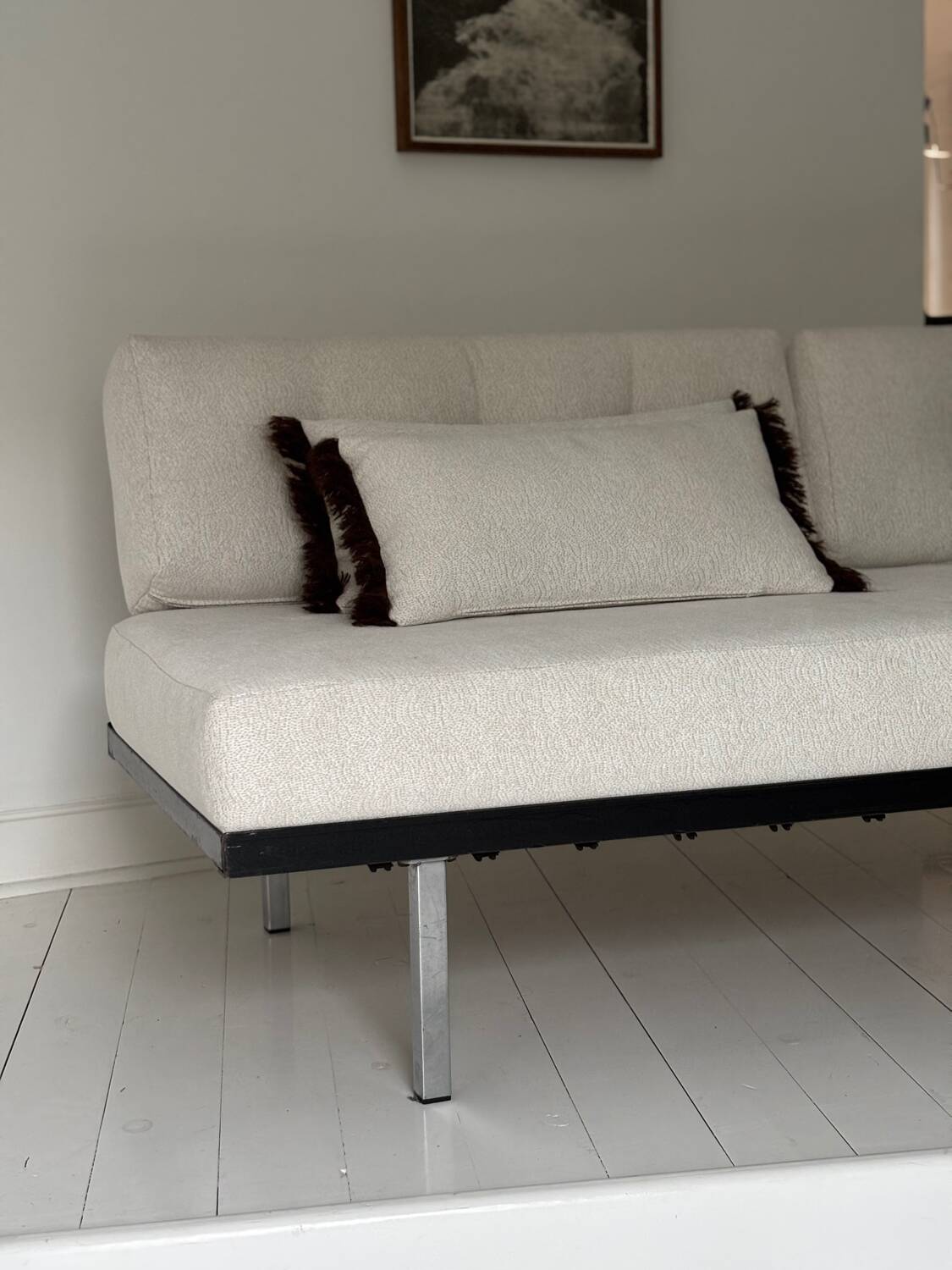 Modernist canapé design – Completely reupholstered in Pierre Frey fabric.