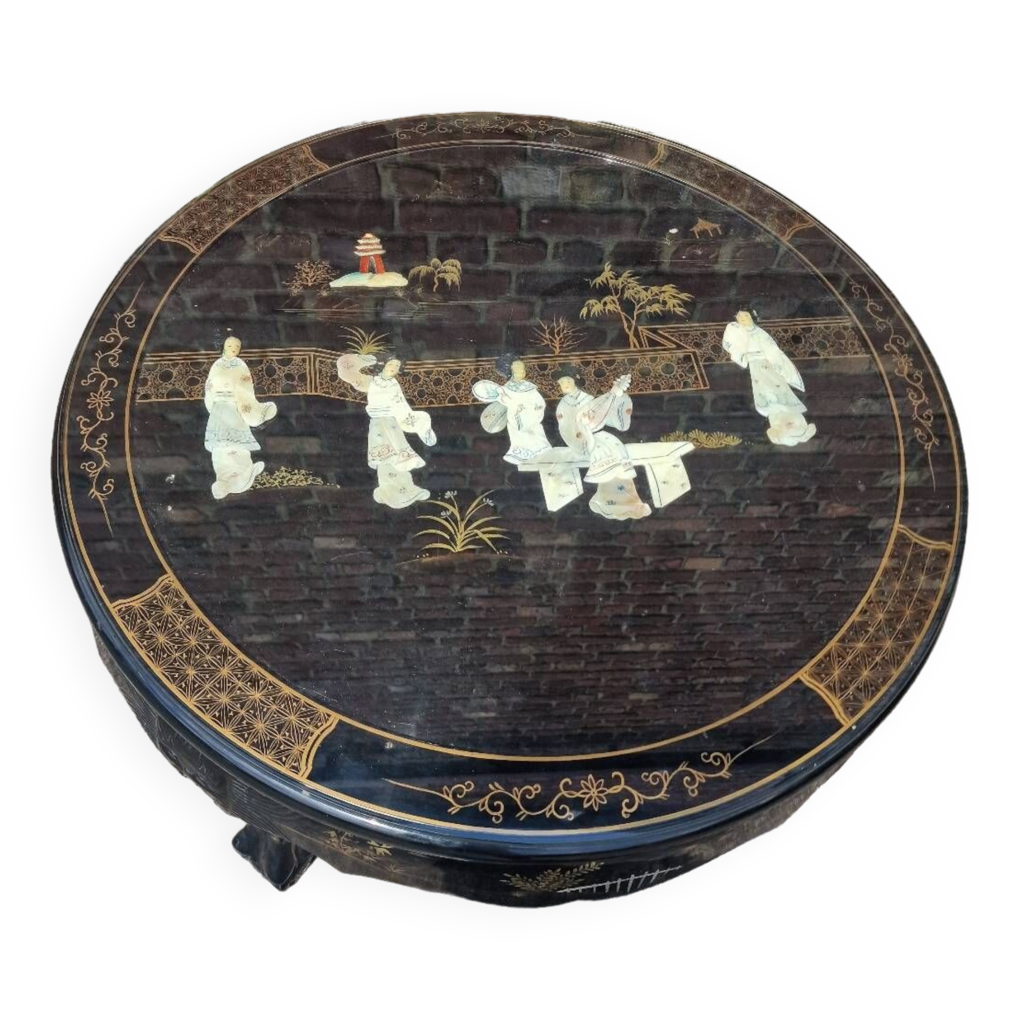 Table basse asiatique laqué noir et incrustations pierres