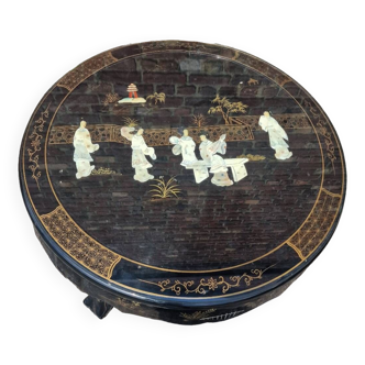 Asian black lacquered coffee table and stone inlays
