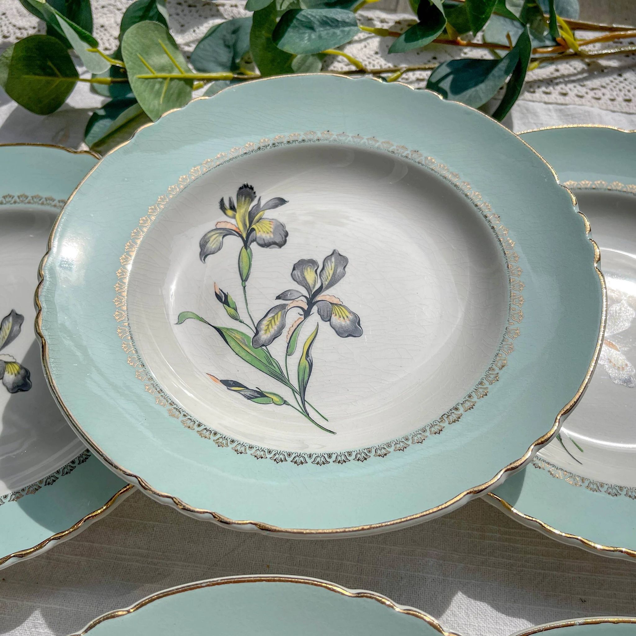 6 vintage white and green porcelain soup plates Iris Moulin des Loups "Sargosse" 1950s