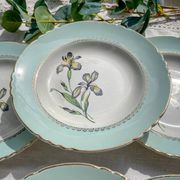 6 vintage white and green porcelain soup plates Iris Moulin des Loups "Sargosse" 1950s