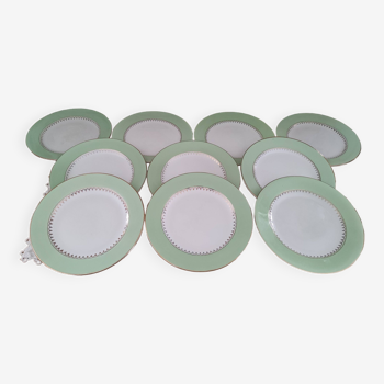 Set of 10 Cafés Lemaire flat plates with water green marli and gold frieze